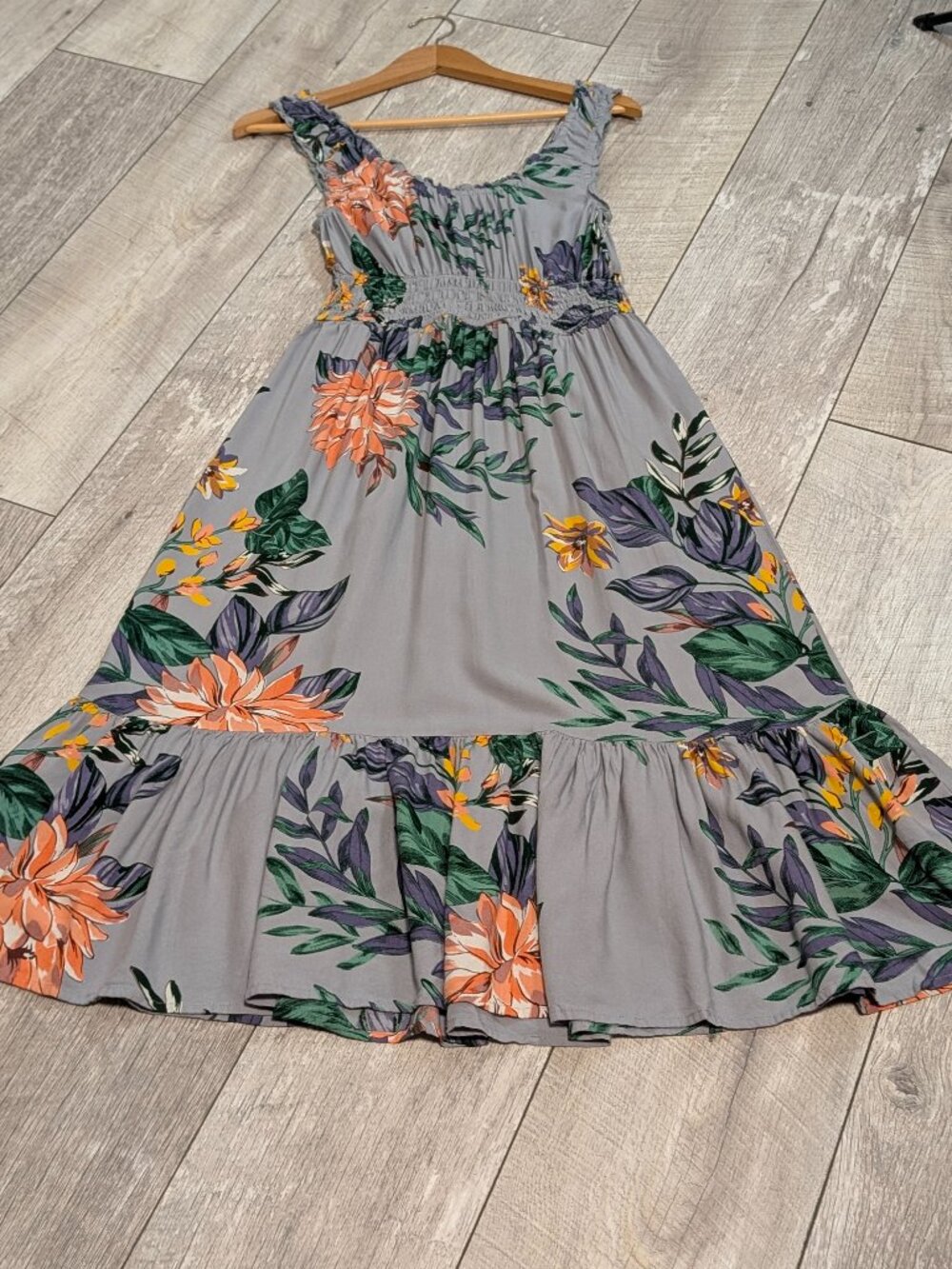 Patrons of Peace Gray Tropical Smocked Midi Maxi Dress M Boho Resort Beachy EUC - Picture 6 of 11